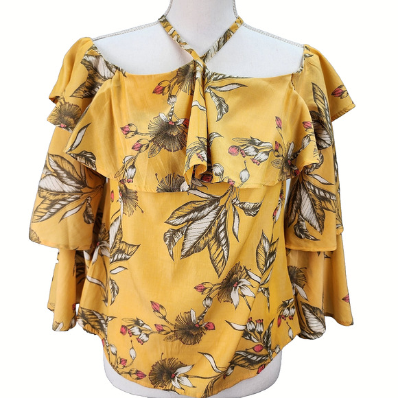 Express Women’s XS Yellow Floral Ruffle Sleeve Halter Cold Shoulder Crop Top Boh - Picture 2 of 13